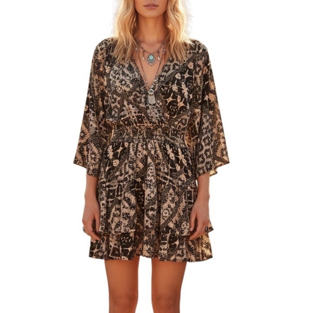 Paani Boho Patchwork Print Mini Dress Bell Sleeve Smocked Waist Festival Size M